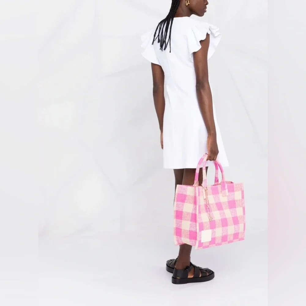 $450 SANDRO Kasbah gingham print cotton‎ tote bag shoulder bag pink cream white - Picture 2 of 10